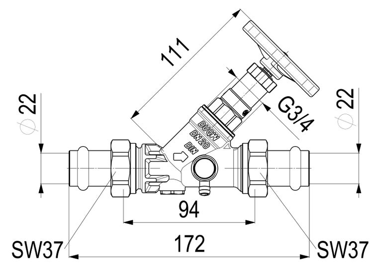 Technische Zeichnung eines Schrägsitzventils mit Maßangaben in Millimetern, Gesamtlänge 172, Höhe 111, Nennweite 20 und Schlüsselweite 37.