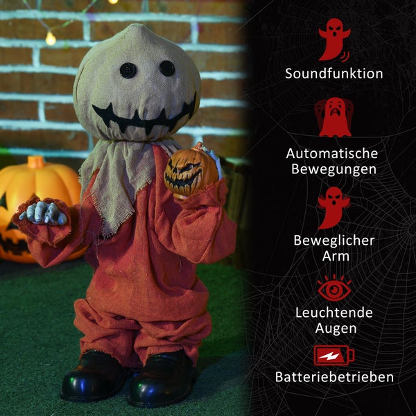 Animierte Halloween-Dekoration mit Soundfunktion, automatischen Bewegungen, beweglichem Arm, leuchtenden Augen und Batteriebetrieb.