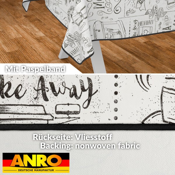 Tischdecke mit Kaffeehaus-Motiven und Paspelband