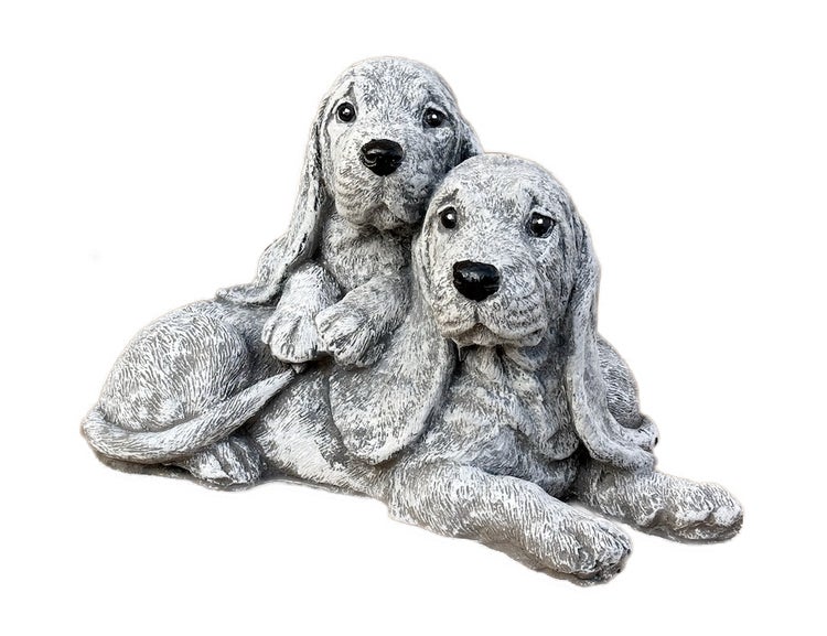 Gartendekoration Steinfigur zwei liegende Hunde