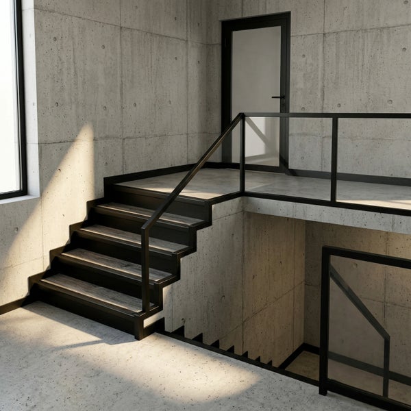 Moderne Treppe mit dunklem Metallrahmen, Holzstufen und Glasgeländer in einem hellen Raum mit Sichtbetonwänden und Betondesign.
