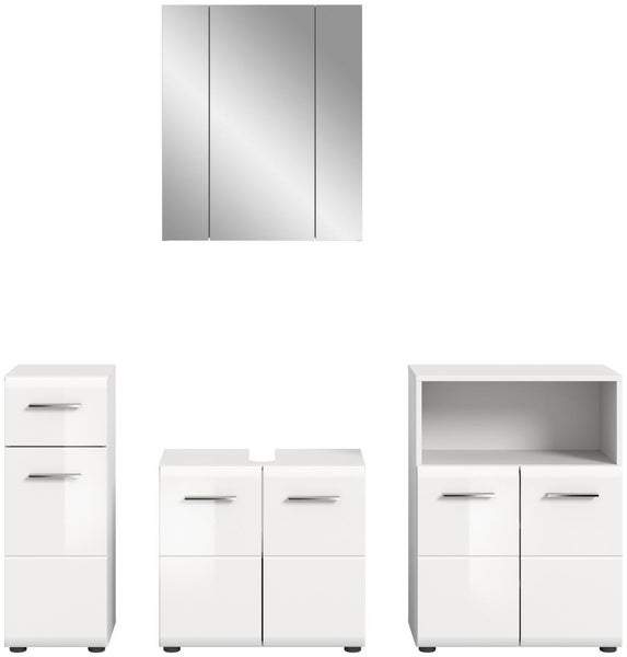 Weißes Badezimmermöbel-Set bestehend aus Spiegelschrank, Waschbeckenunterschrank, Beistellschrank und Kommode mit silbernen Griffen.