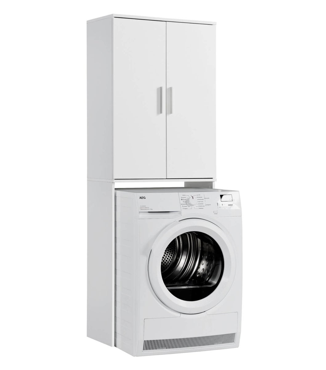 Waschmaschinenschrank für Waschmaschinen und Trockner 'Der Saubermann' Toilettenregal o. WC Regal, Überbau oder Überbauschrank in weiß aus Holz, auch als Hochschrank oder Badschrank 180cm Höhe
