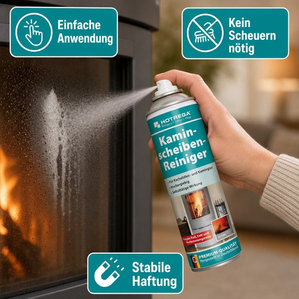 Hotrega Kaminscheibenreiniger in der Spraydose zur einfachen Reinigung von Ofenglas ohne Scheuern mit stabiler Haftung.
