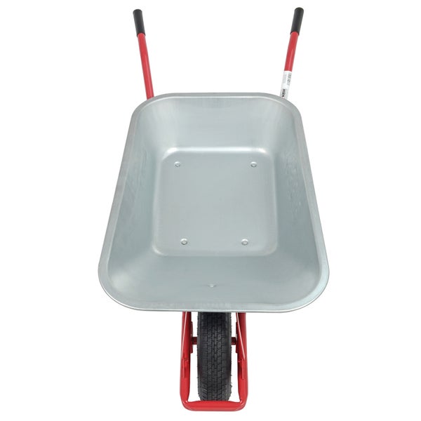 Schubkarre mit Metallmulde und rotem Gestell