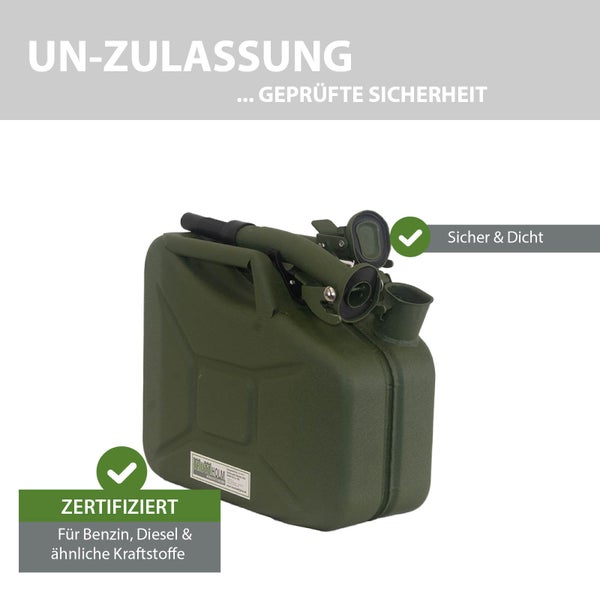 Kraftstoffkanister aus Metall mit UN Zulassung und integriertem Ausgießer für Benzin und Diesel