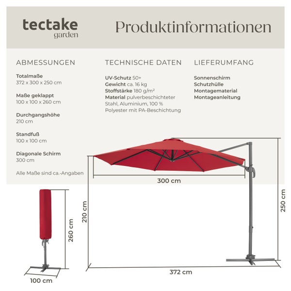 Produktinformationen zum Tectake Gartenschirm mit Maßangaben