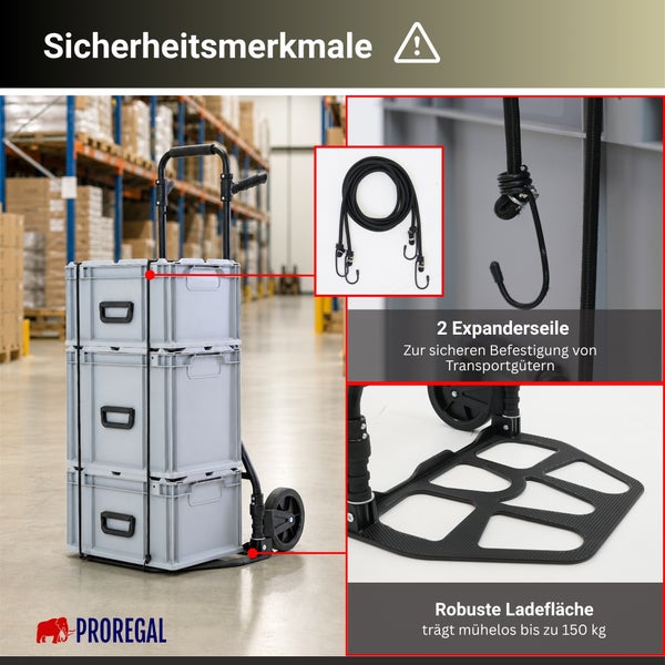 Sackkarre mit drei gestapelten Boxen, zwei Expanderseilen zur Ladungssicherung und einer stabilen Ladefläche bis 150 Kilogramm. PROREGAL Logo.