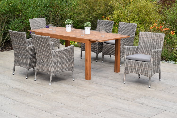 Teneriffa Gartenmöbelset 13tlg., 6 Sessel, 6 Sitzkissen, Ausziehtisch 150 (200) x 90 cm