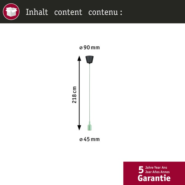 Pendelleuchte mit Maßen: Gesamtlänge 218 Zentimeter, oberer Durchmesser 90 Millimeter, unterer Durchmesser 45 Millimeter und 5 Jahre Garantie.