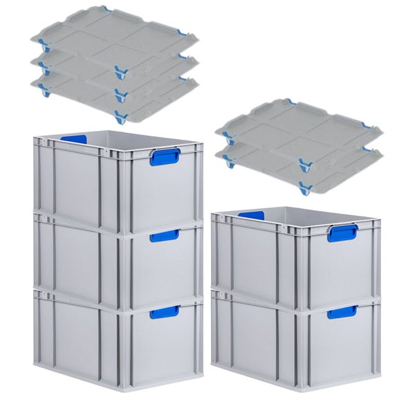 PROREGAL Spar Set 5x Eurobox Nextgen Color Mit Auflagedeckel & Schiebeschnappverschlüsse HxBxT 32 x 40 x 60 cm Griffe Blau Verstärkter Boden