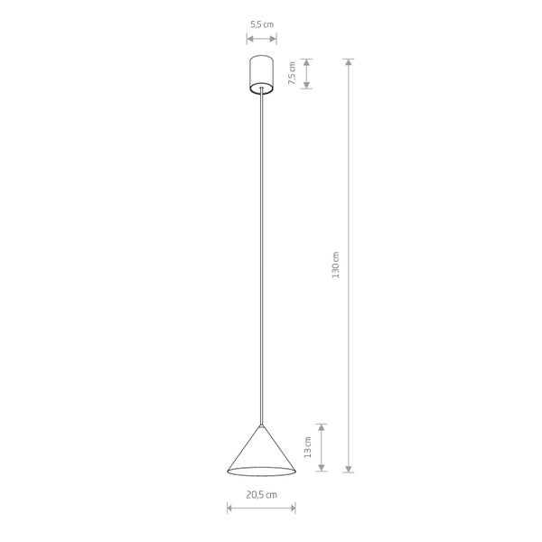 Technische Zeichnung einer Pendelleuchte mit den Maßen 130 cm Höhe, 20,5 cm Durchmesser des Lampenschirms und 5,5 cm Durchmesser der Aufhängung.