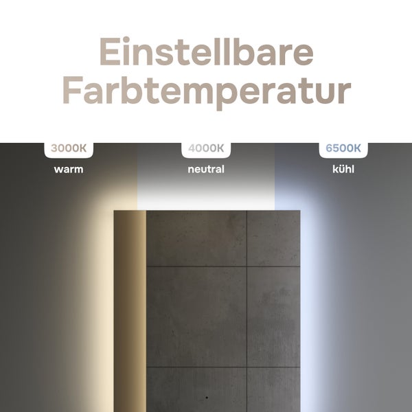 Einstellbare Farbtemperatur: Darstellung von warmem Licht bei 3000 Kelvin, neutralem Licht bei 4000 Kelvin und kühlem Licht bei 6500 Kelvin.