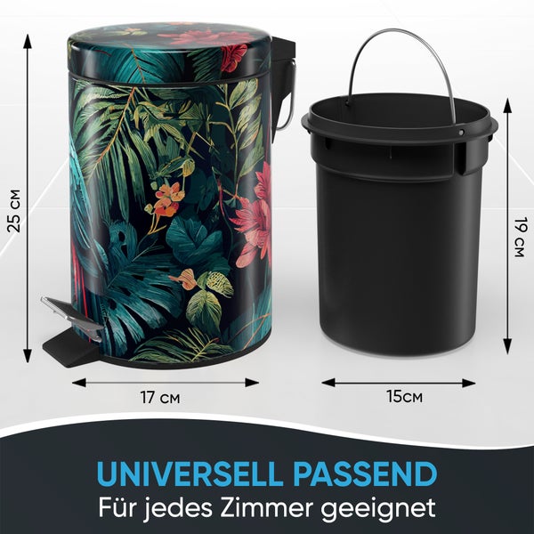 Treteimer mit tropischem Muster, 25 Zentimeter hoch und 17 Zentimeter breit, mit herausnehmbarem schwarzem Inneneimer.