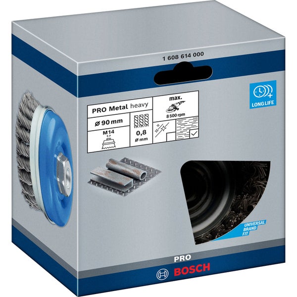 Drahtbürste von Bosch, 90 Millimeter Durchmesser, M14 Gewinde, für Metall, im Karton