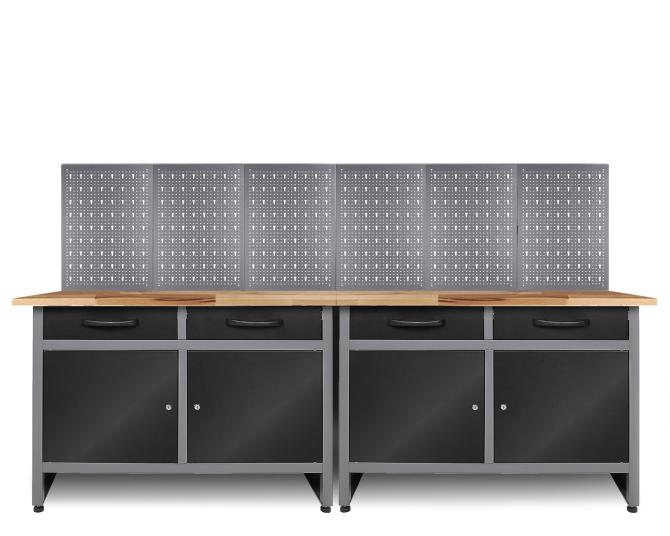 Werkbank mit Holzplatte, Schubladen, Schranktüren und Lochwand