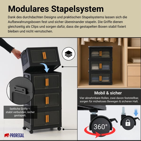 Modulares Stapelsystem aus schwarzen Boxen mit transparenten Türen, orangefarbenen Griffen, seitlichen Clips und 360-Grad-Rollen. Proregal Logo.
