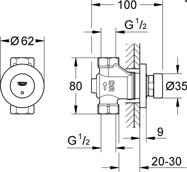 Technische Zeichnung mit Maßangaben für ein Grohe Unterputzventil für den Wandeinbau mit G 1/2 Zoll Anschluss.