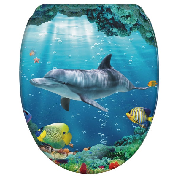 WC-Sitz Deckel mit Unterwasser-Motiv, das einen Delfin, tropische Fische und ein Korallenriff zeigt.