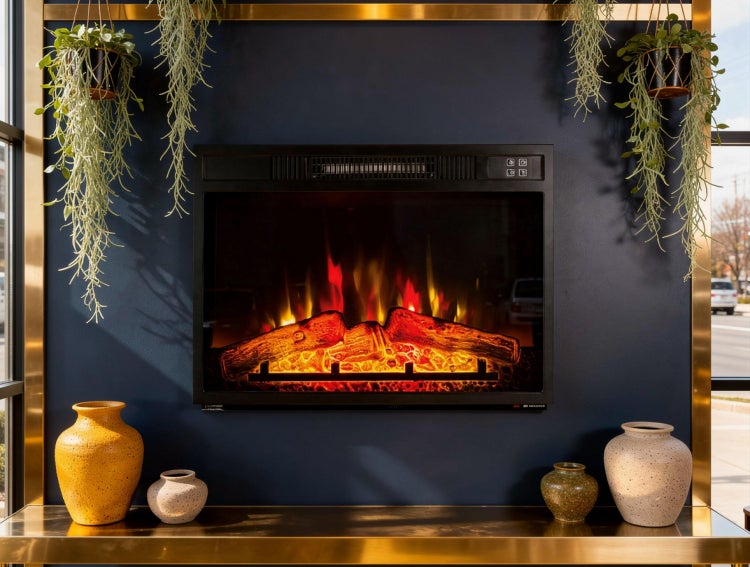 Dekorativer Kamin mit Holzeffekt an einer Wand, umgeben von hängenden Pflanzen und dekorativen Vasen auf einem goldenen Tisch.