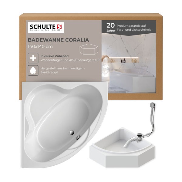 Schulte Coralia Badewanne 140x140 cm inklusive Wannenträger und Ab beziehungsweise Überlaufgarnitur