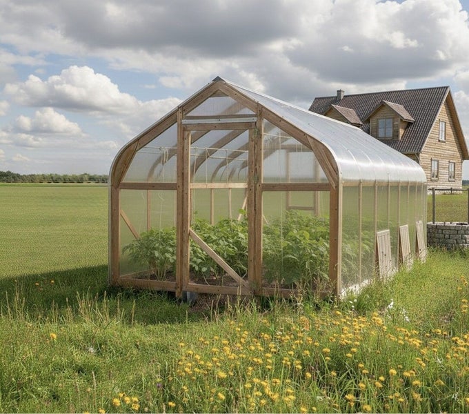Freistehendes Gewächshaus mit Holzrahmen und transparenten Paneelen auf einer Wiese, im Hintergrund ein Holzhaus.