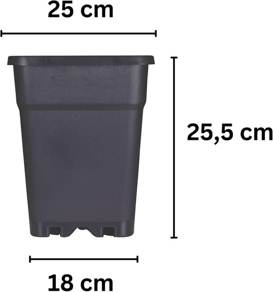 Quadratischer Blumentopf aus Kunststoff mit den Maßen 25 Zentimeter Breite oben, 18 Zentimeter Breite unten und 25,5 Zentimeter Höhe.