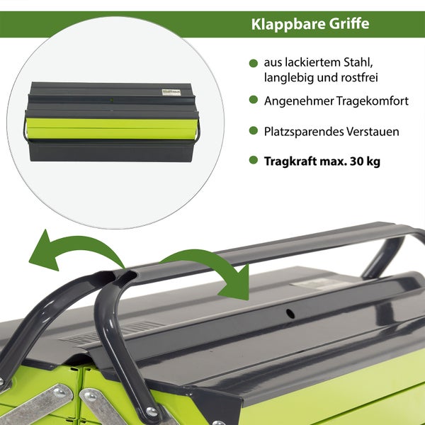 Werkzeugkoffer aus Stahl mit klappbaren Griffen und maximaler Tragkraft von 30 Kilogramm.
