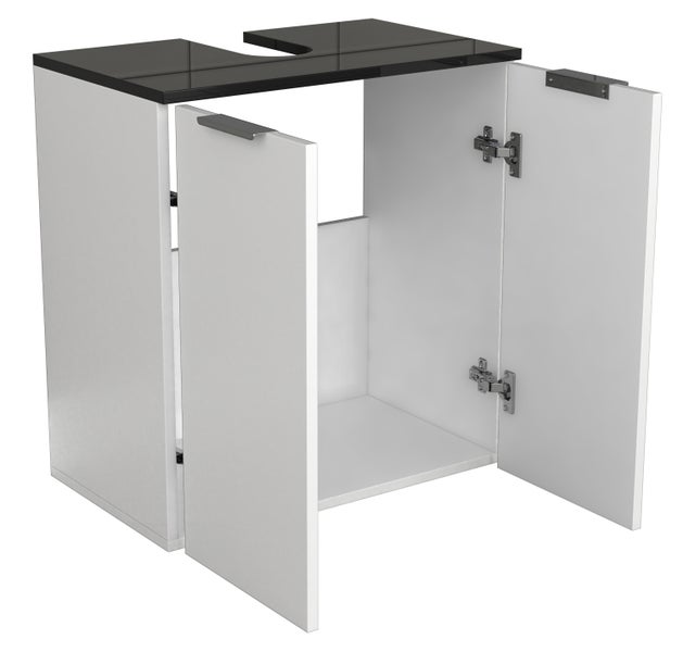 Waschbeckenunterschrank mit offen stehenden Türen und Ablage