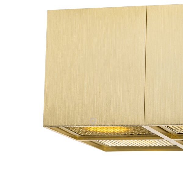 Detailaufnahme einer quadratischen Deckenleuchte mit Textilschirm und Gitterstruktur