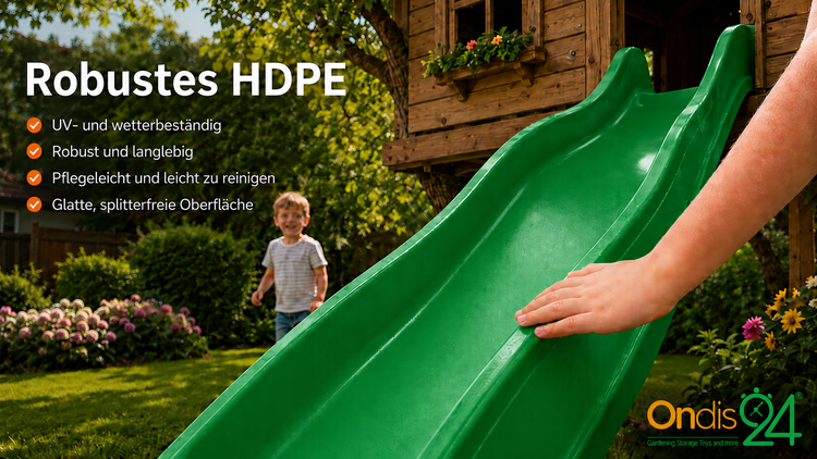 Grüne Gartenrutsche aus robustem HDPE Kunststoff, UV- und wetterbeständig, mit glatter Oberfläche und Ondis24 Logo.