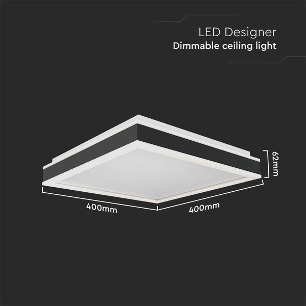 Dimmbare LED-Design-Deckenleuchte mit den Maßen 400 x 400 mm und einer Höhe von 62 mm.