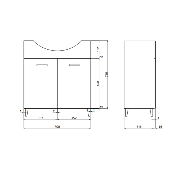 Technische Zeichnung eines Waschtischunterschranks mit Maßen
