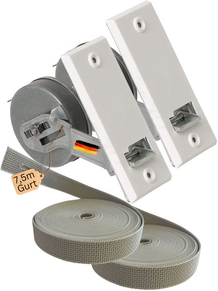 Rollwin 2x Rolladen Gurtwickler Unterputz 135mm Lochabstand - mit 7m Gurt 23mm Rolladengurt - aus Deutschland - mit Gurtwickler Abdeckung Weiß Rollo Wickler mit Abdeckblende Rollladen Aufwickler