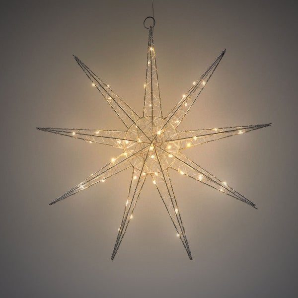 ECD Germany LED Deko Weihnachtsstern mit 50 warmweißen LEDs, 50 cm, Silber, batteriebetrieben, Metall, Weihnachten Schneeflocke zum Aufhängen mit Beleuchtung & Timer, Innen, Weihnachtsdeko Fensterdeko