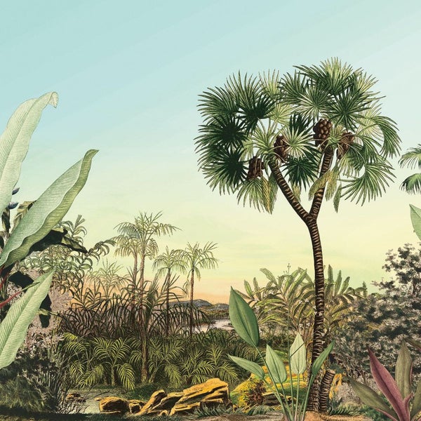 Illustration einer üppigen tropischen Landschaft mit Palmen und exotischen Pflanzen