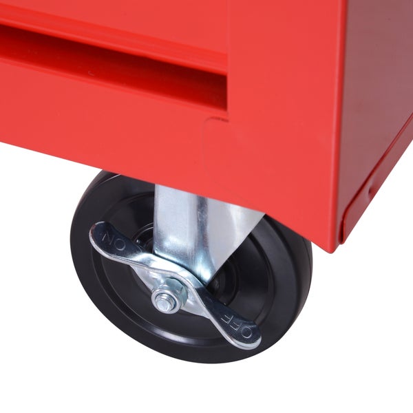 Lenkrolle mit Feststellbremse an einem Metallgehäuse.