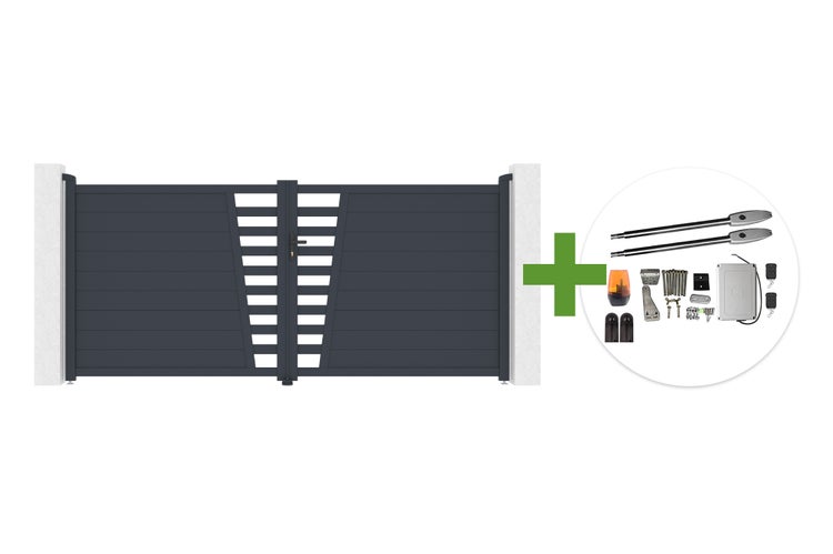 Zweiflügeliges Einfahrtstor mit horizontalen Lamellen und elektrischem Torantrieb-Set inklusive Montagematerial und Fernbedienungen.