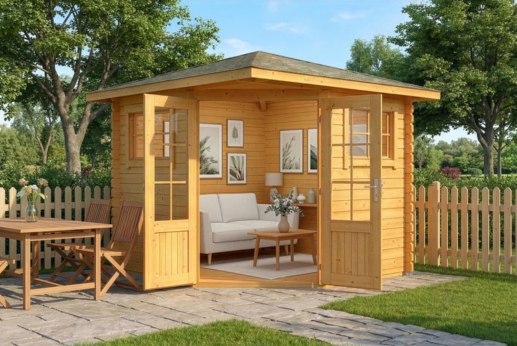 Eck-Gartenhaus aus Holz mit geöffneten Glastüren, Inneneinrichtung mit Sofa und Außenterrasse mit Holztisch und Stühlen in einem Garten.