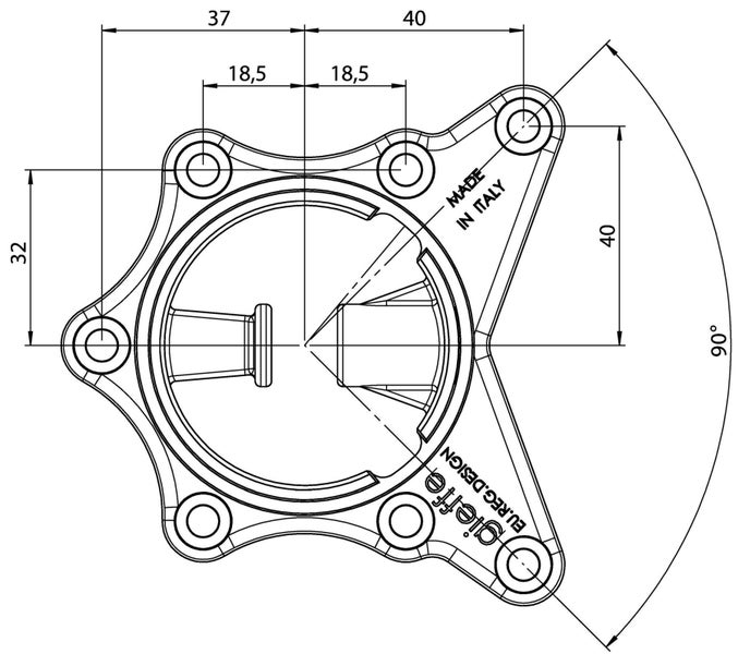 Technische Zeichnung eines sternförmigen Metallteils mit Maßangaben in Millimetern und Bohrungen zur Montage.