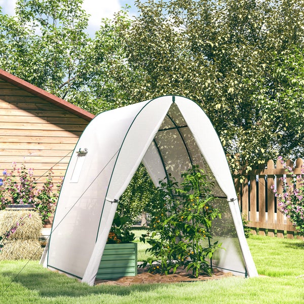 Outsunny Gewächshaus mit Rolltür, 2 Fernster, winterfest Foliengewächshaus aus Stahl, Treibhaus für Balkon, Garten, Tomatenhaus 180 x 180 x 200 cm, Tomatengewächshaus für Tomaten, Gemüse, Blumen, Weiß