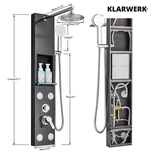 Klarwerk Logo. Duschpaneel mit Kopfbrause, Handbrause, Brauseschlauch und Ablage, Ansicht von vorn und Rückseite.