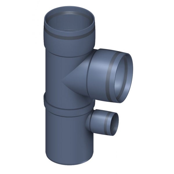 Kunststoff-Doppelabzweig für Abwasserrohre mit zwei seitlichen Abgängen in verschiedenen Größen.