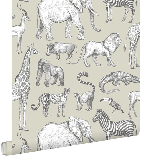 Tapete mit Tiermotiven, darunter Elefanten, Zebras, Löwen und Giraffen