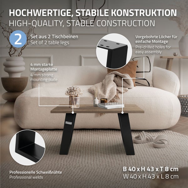 ML-Design 2er Set Tischkufen 80GRAD Neigung, 40x43 cm Schwarz matt, 8x2cm, Schräge Tischbeine, Metall Möbelkufen, Tischgestell Stahl geneigt Tischuntergestell Möbelfüße Bankkufen Bankgestell Bankbeine