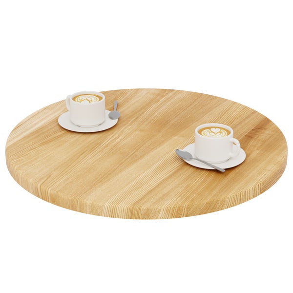 Runde Tischplatte aus Massivholz mit Maserung, zwei Kaffeetassen auf Untertassen mit Löffeln.