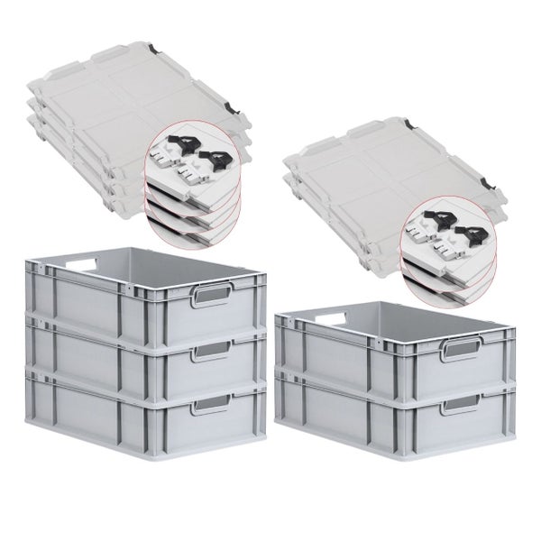PROREGAL SuperSparSet 5x Eurobox NextGen Grip mit Scharnierdeckel und Schwarzen Schiebeschnappverschlüssen HxBxT 17 x 40 x 60 cm 34 Liter Griffe