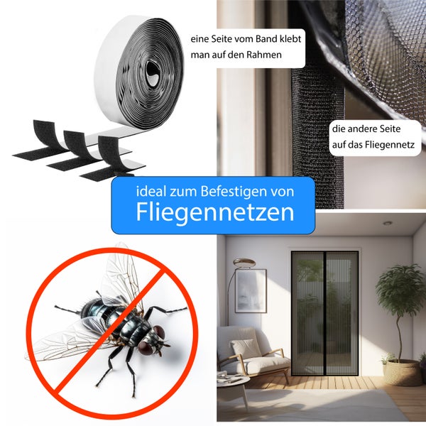 Klettband zum Befestigen von Fliegengittern an Fenstern und Türen inklusive Anwendungshinweisen und Montagebeispiel.