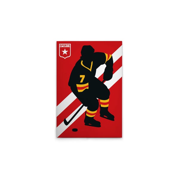 Poster mit Eishockeyspieler-Silhouette vor gestreiftem Hintergrund