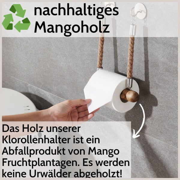 DEKAZIA® Toilettenpapierhalter Seil | Mango Holz | Klopapierhalter für WC/Badezimmer | 100%-fest durch Bohren oder Kleben | Vintage Dekoration | Jute Klorollenhalter | WC Rollenhalter